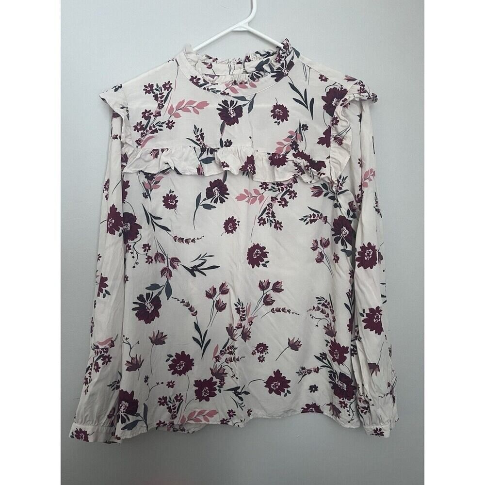 Loft Outlet Floral Ruffle Mock Neck Blouse Size XL Long Sleeves